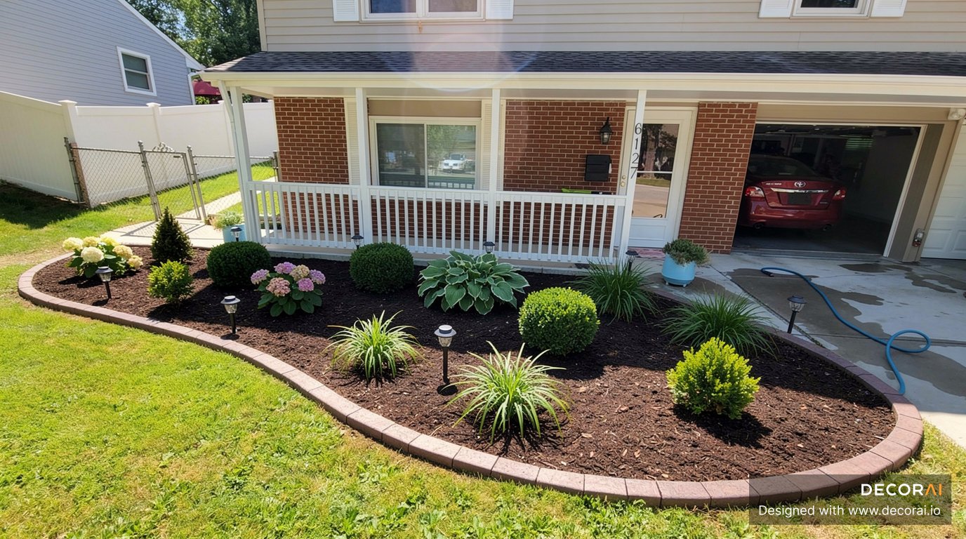 Front yard with curved mulch border, trimmed shrubs, ornamental grasses, and foundation landscaping