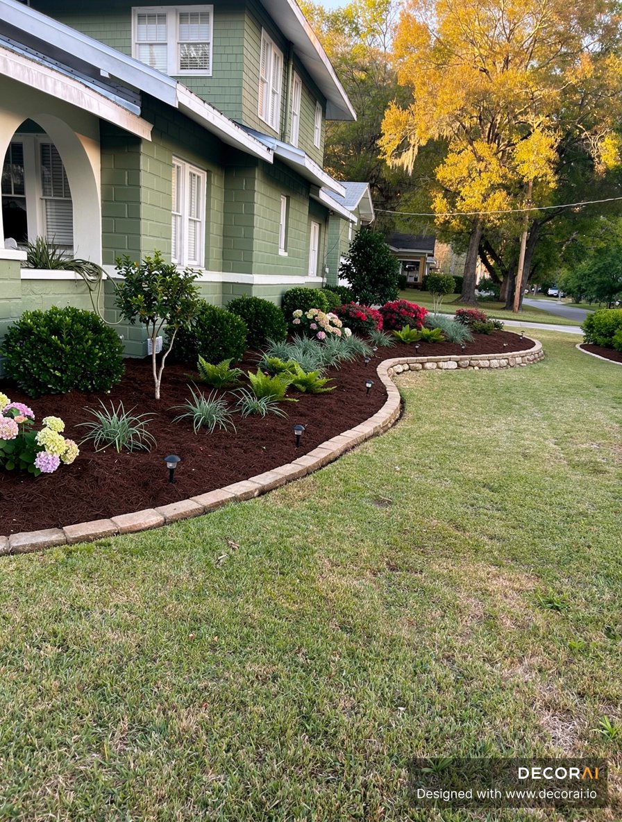 Southern Craftsman front yard with curved mulch beds, flowering shrubs, ornamental grasses, and foundation landscaping