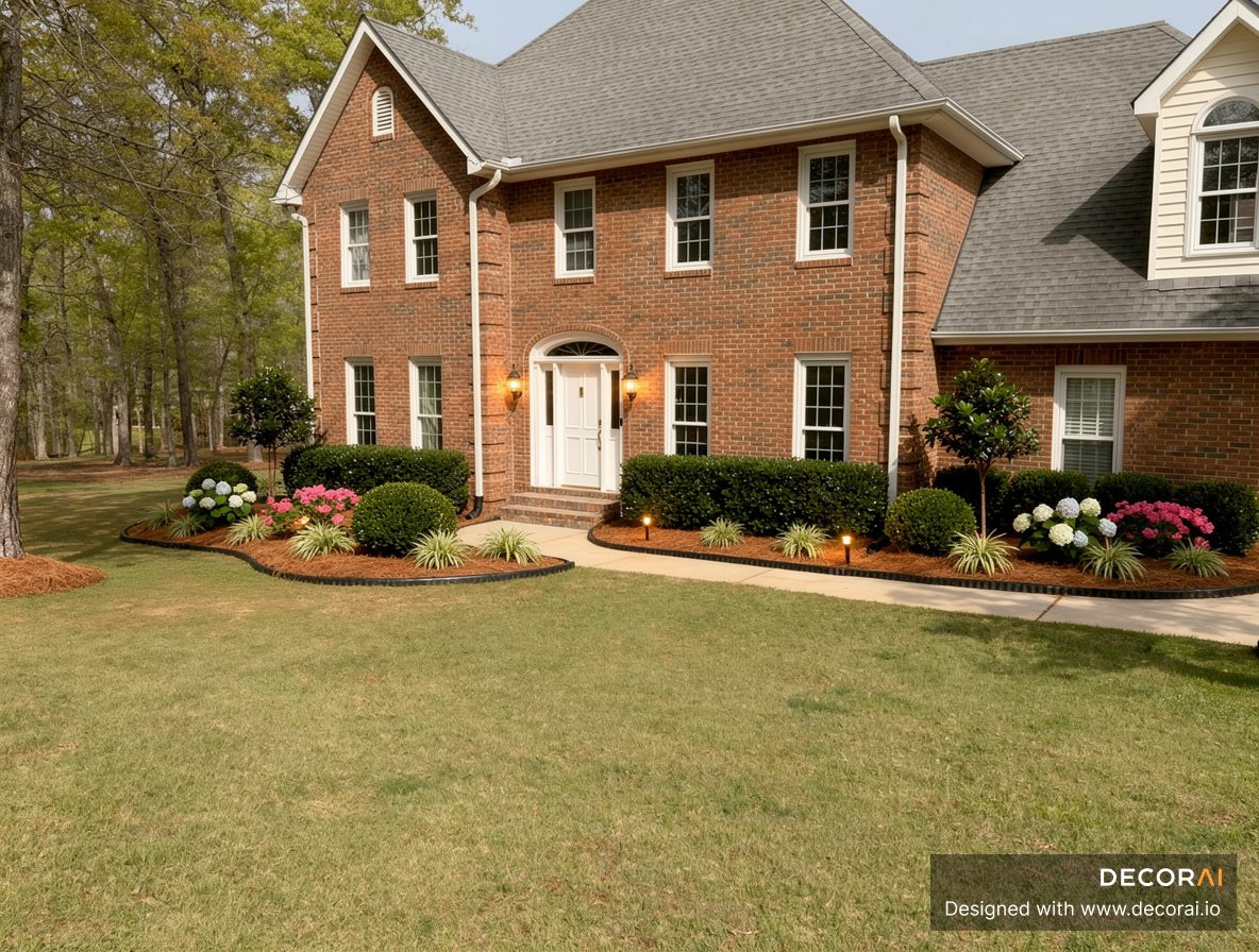 Southern Colonial front yard with curved foundation beds, evergreen shrubs, hydrangeas, and landscape lighting
