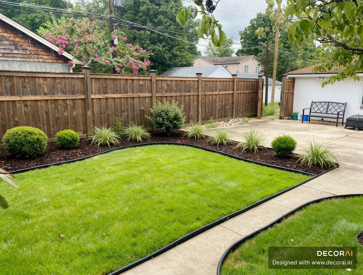Southern backyard with curved lawn edging, mulch beds, ornamental grasses, and manicured green lawn