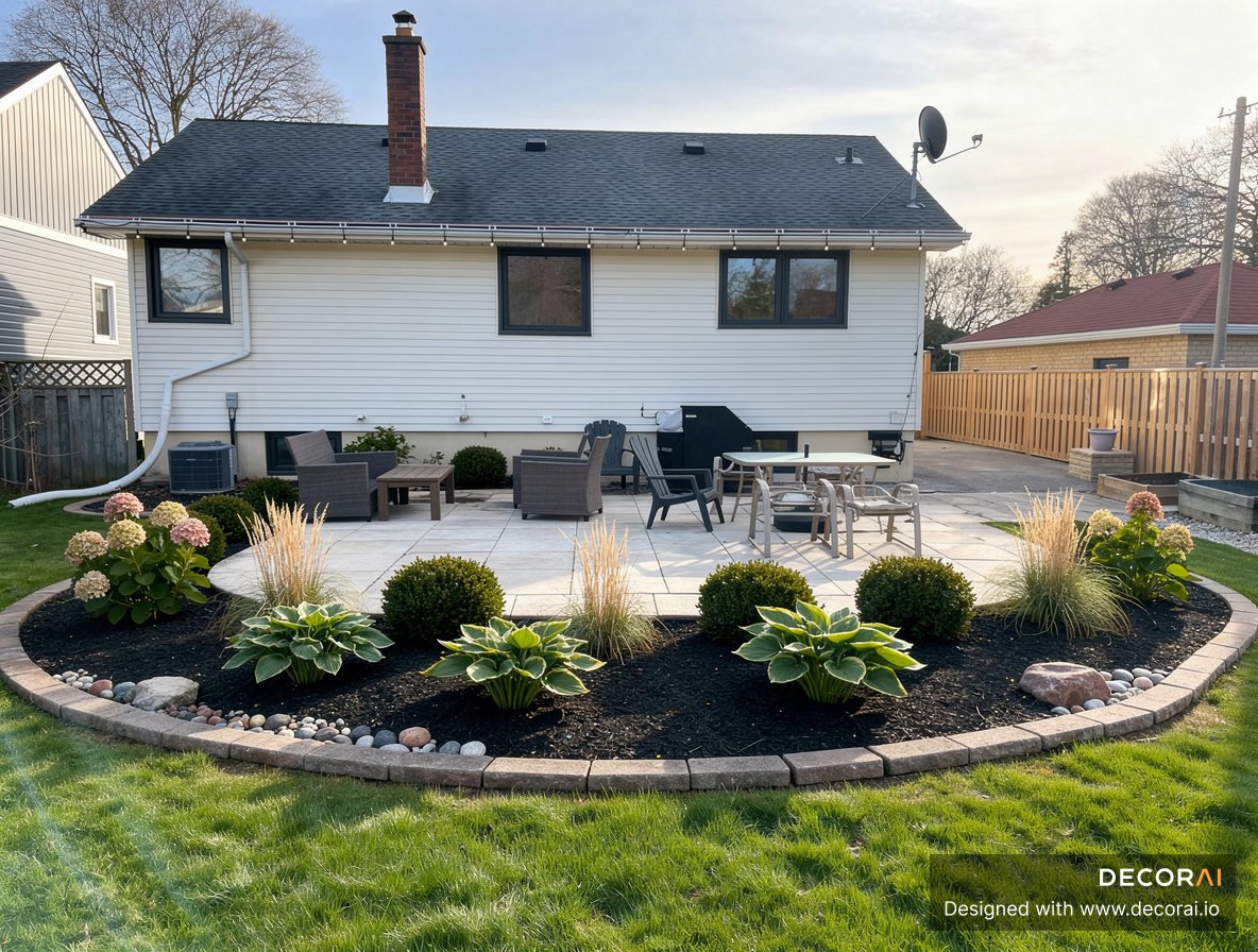 Suburban backyard with curved mulch beds, hydrangeas, ornamental grasses, patio seating, and manicured lawn