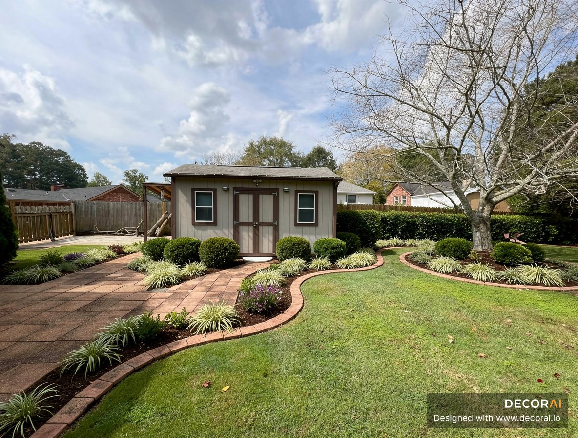 Southern backyard with curved garden borders, manicured shrubs, ornamental grasses, and landscaped shed pathway