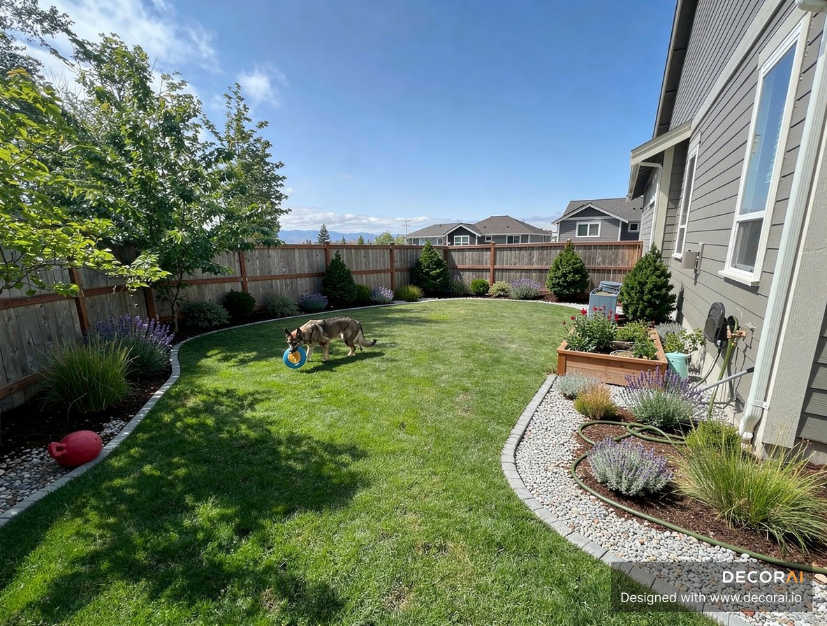 Western suburban backyard with curved gravel borders, drought-tolerant plants, ornamental grasses, and raised garden beds.