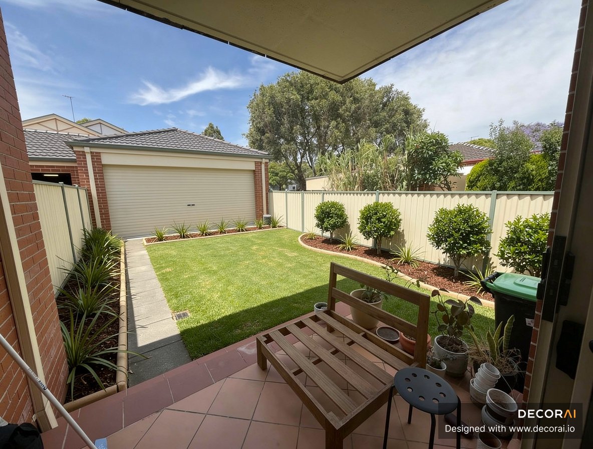 Suburban courtyard backyard with curved garden beds, trimmed shrubs, clean lawn, and low-maintenance landscaping
