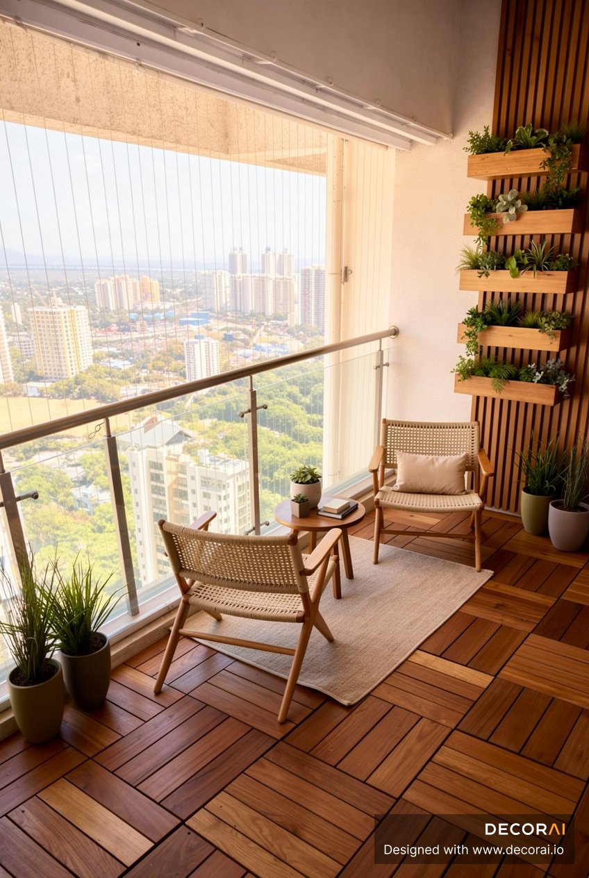 Modern apartment balcony with wood deck flooring, woven lounge chairs, vertical garden wall, and panoramic city skyline view.