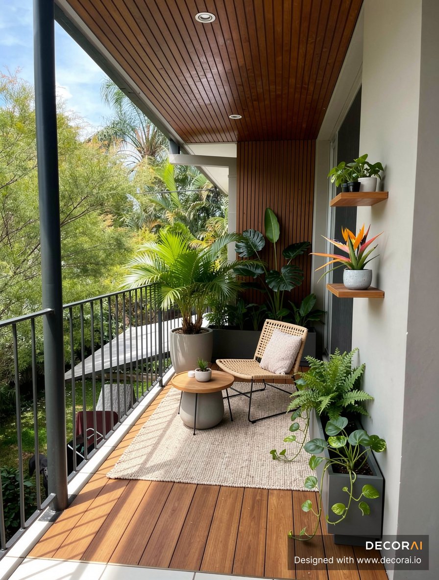 Tropical apartment balcony with woven seating, layered greenery, wood accents, and floating shelves