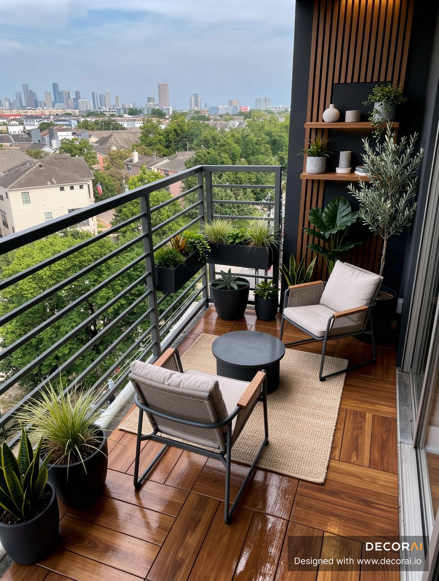 Modern city balcony with wood decking, lounge chairs, layered planters, and skyline views