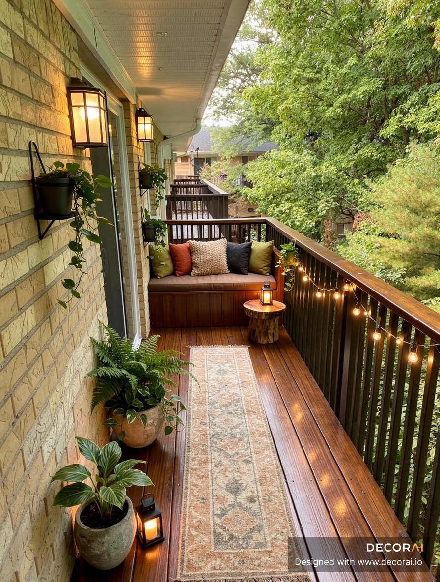 Rustic modern balcony with built-in bench seating, string lights, layered greenery, and wood decking