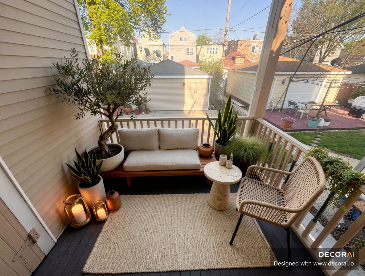 Japandi balcony with woven lounge chair, cushioned bench, layered greenery, and minimalist decor