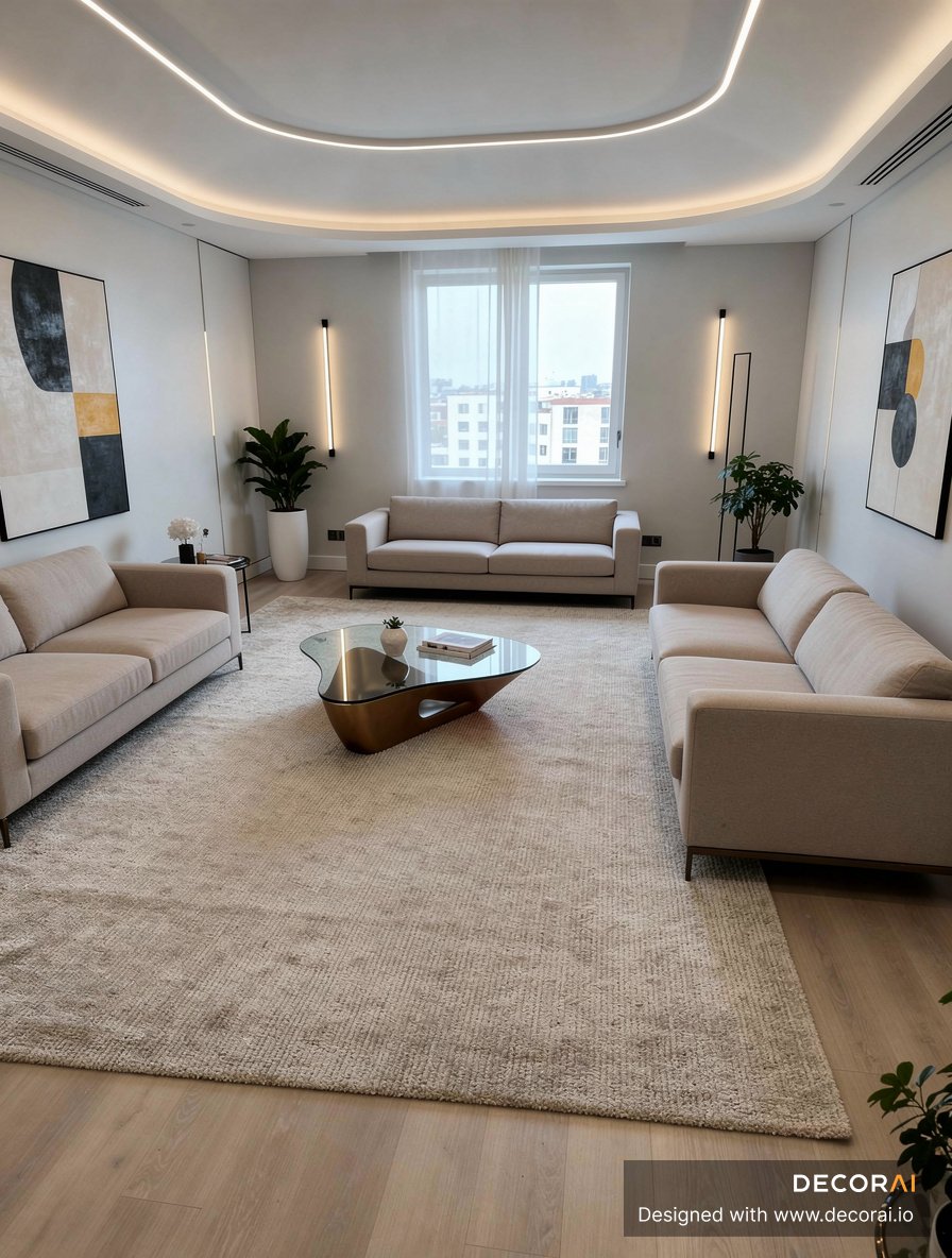 Modern living room with neutral sofas, minimalist decor, abstract artwork, and sculptural coffee table