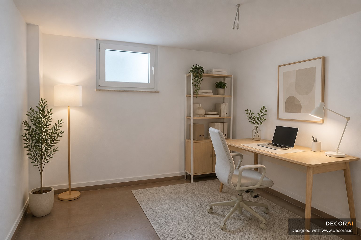 Scandinavian home office with light wood desk, ergonomic chair, minimalist shelving, neutral tones, soft lighting, green plants, and abstract wall art.