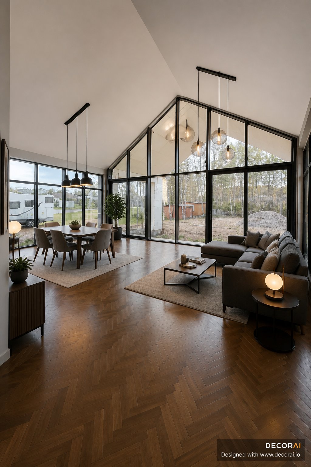 Modern living room with floor-to-ceiling windows, neutral seating, wood flooring, and open dining area