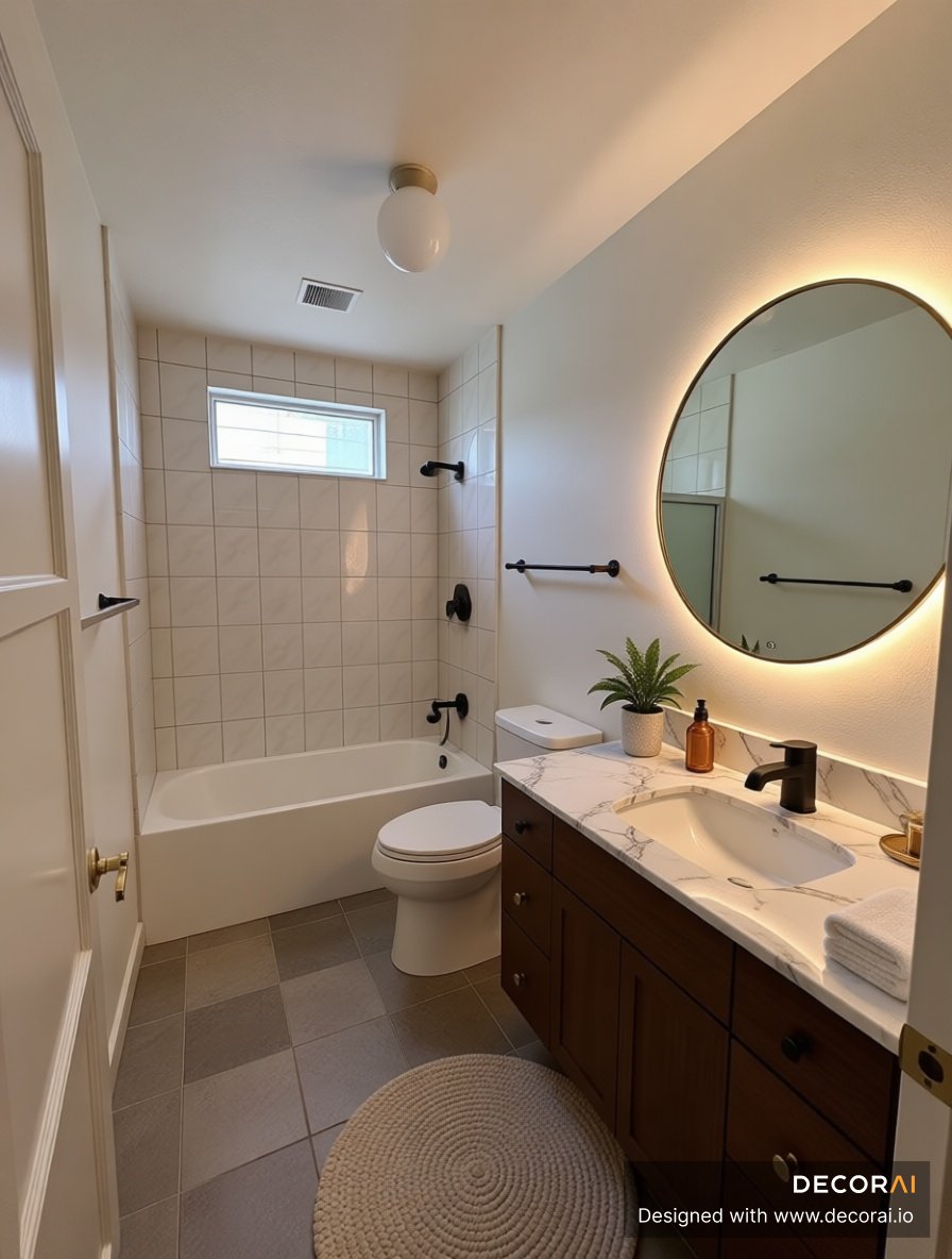 Modern bathroom with white tiled shower, dark wood vanity, marble countertop, round backlit mirror, matte black fixtures, neutral tones, and a cozy, clean atmosphere.