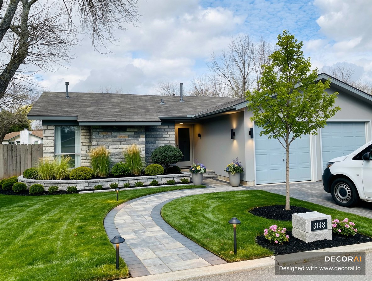 Single-story suburban house exterior with front yard landscape featuring curved paver walkway, manicured lawn, layered planting beds, and ornamental tree