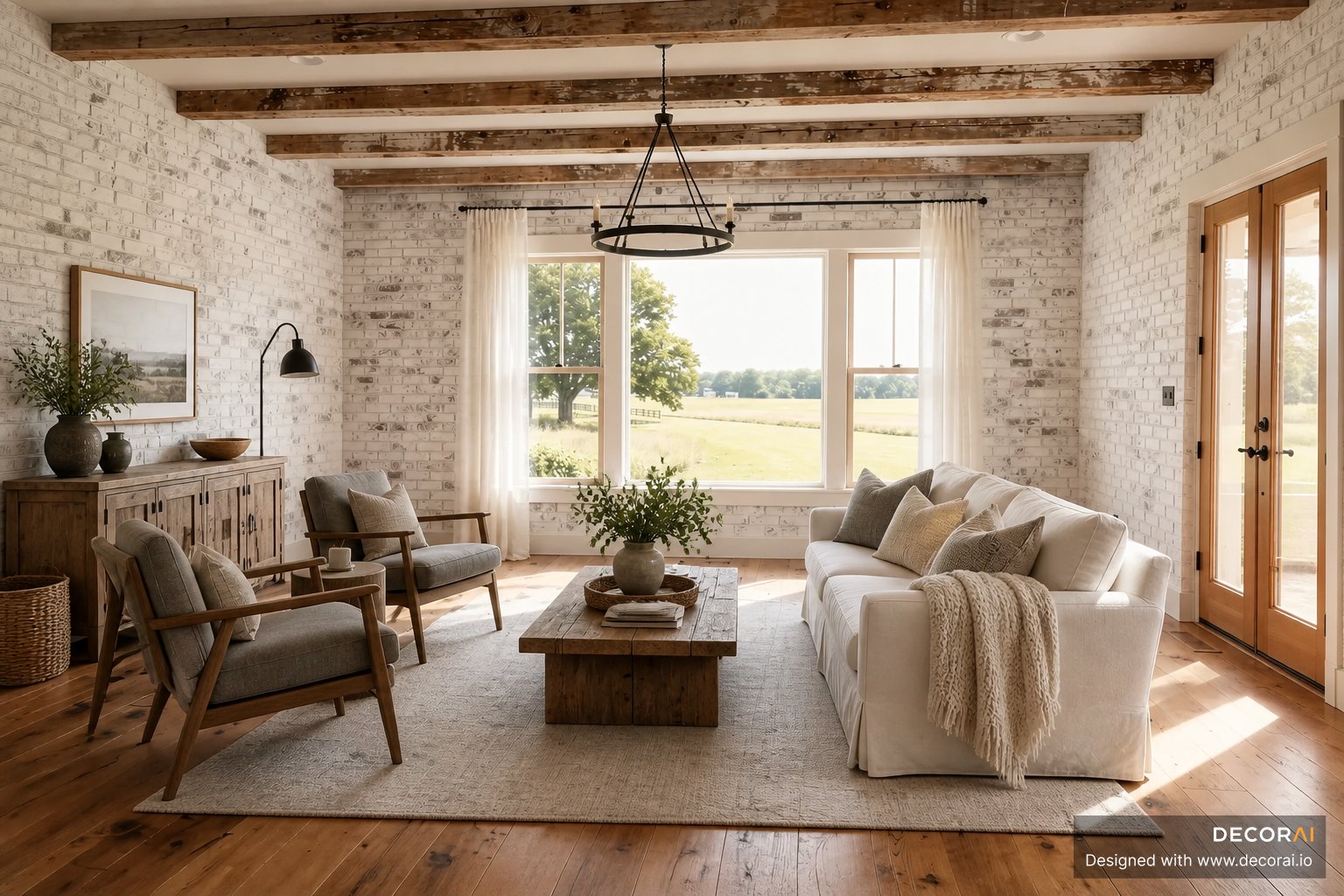 Rustic living room with exposed wood beams, white brick walls, neutral seating, and natural wood furniture