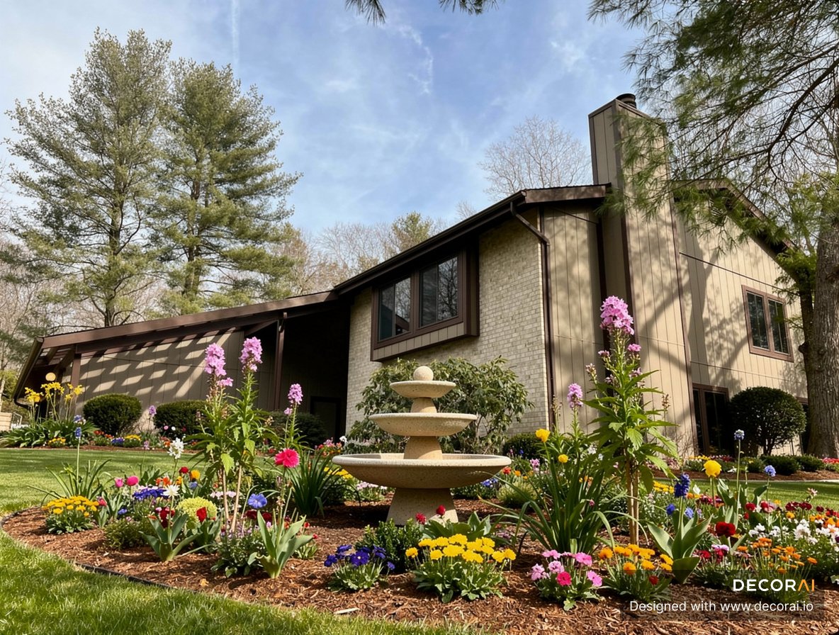 Suburban garden with tiered stone fountain, colorful flower beds, layered landscaping, and manicured lawn