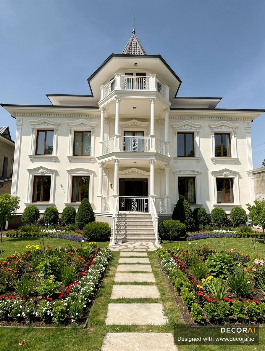 Classic house exterior with ornate moldings, columned balconies, symmetrical fau00e7ade, and formal front garden