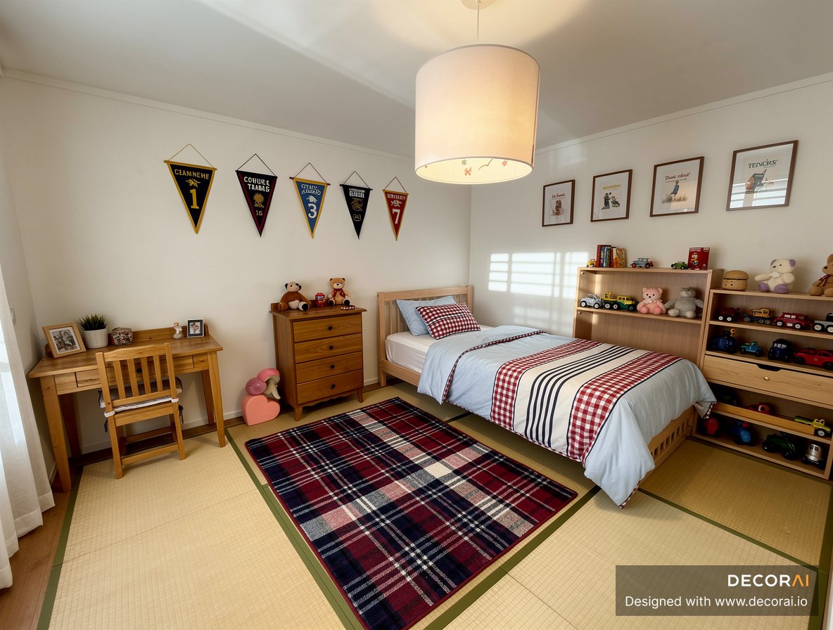 Preppy kids bedroom with plai3d bedding, wooden study desk, display shelving, and warm wood furniture