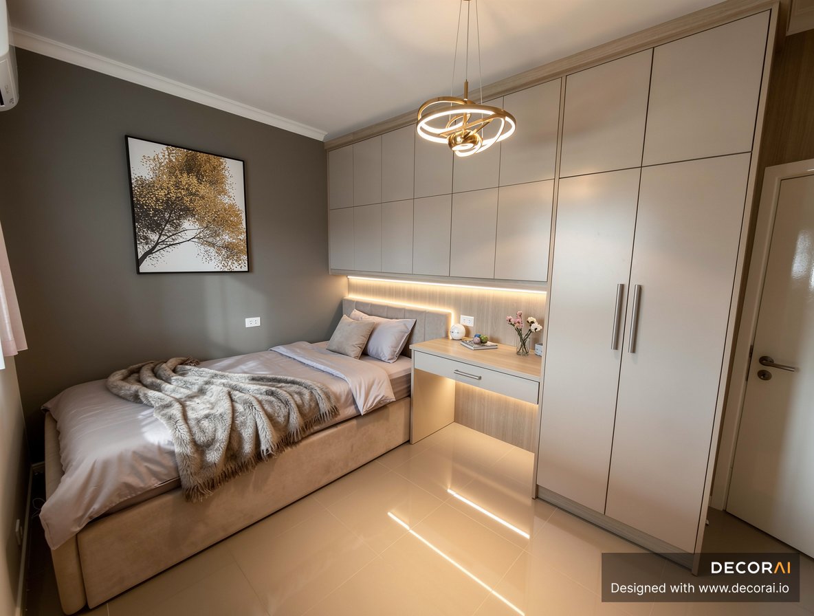 Modern teen bedroom with built-in wardrobe, neutral palette, ambient lighting, and integrated study area