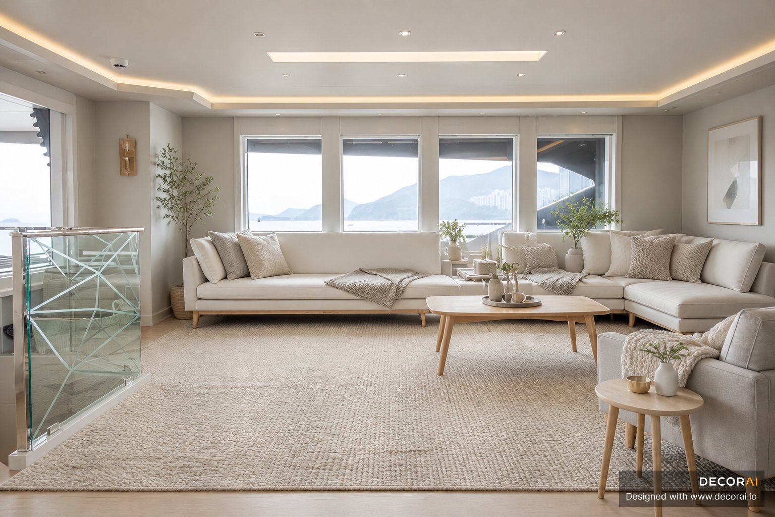 Scandinavian living room with neutral sectional sofa, textured rug, light wood tables, and large windows